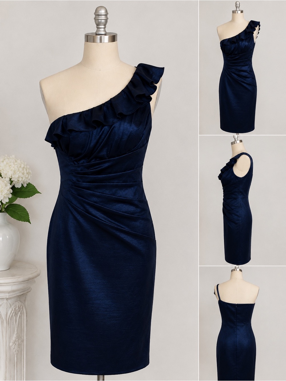 Betsy & Adam Navy One-Shoulder Ruched Cocktail Dress Size 4